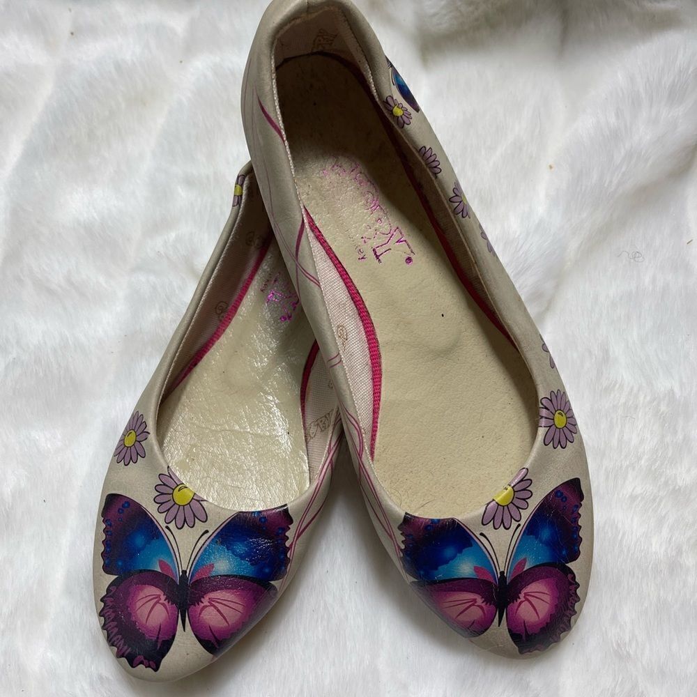 Goby Daisy & Butterfly multi color ballerina flats round toe slip on SZ Euro 37 - Picture 4 of 10
